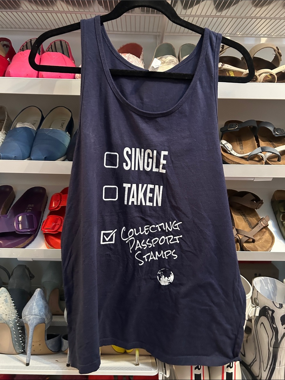 Navy Graphic Tank Top - "Collecting Passport Stamps"